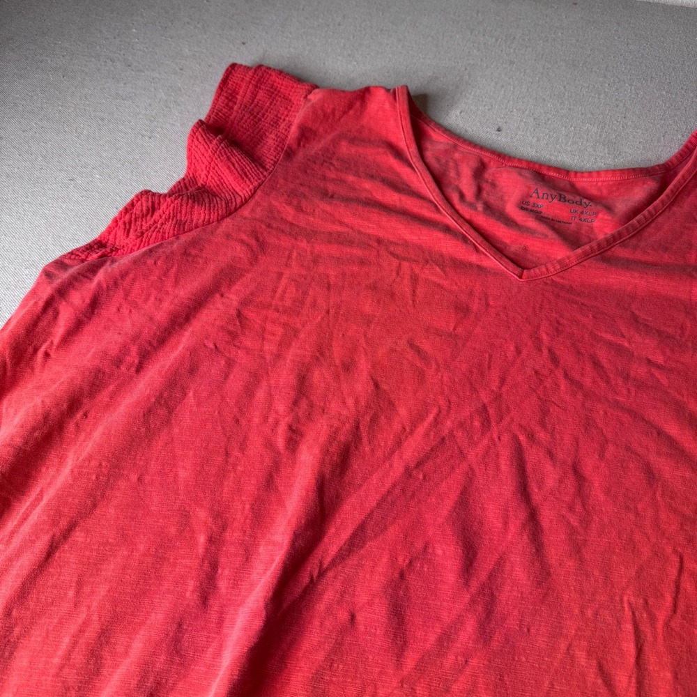 AnyBody Women 3XP Coral Slub Cotton Gauze V-Neck Ruffle Hem Flutter Sleeve Dress